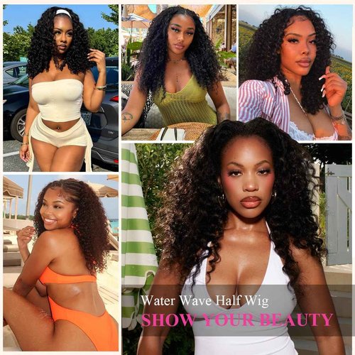 SOXSKIX Half Wig Human Hair 20 Inch Water Wave Half Wig 3 in 1 Glueless Wigs 200 Density Wear and Go Wigs Seamless Flip Over with Drawstring Beginner Friendly Curly Wig Headband Wig for Women