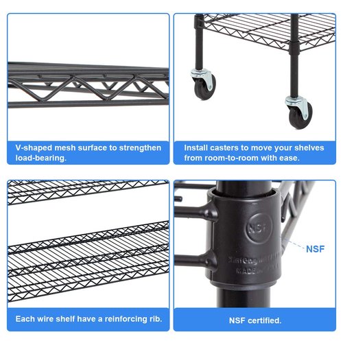 BestOffice | 6-Tier Wire Storage Shelves with Wheels | 18x48x77 | Black | Adjustable Racks | Heavy-Duty Metal Shelf, Holds Upto 600 lbs | No-Tool Assembly | Ideal for Home & Garage Shelving