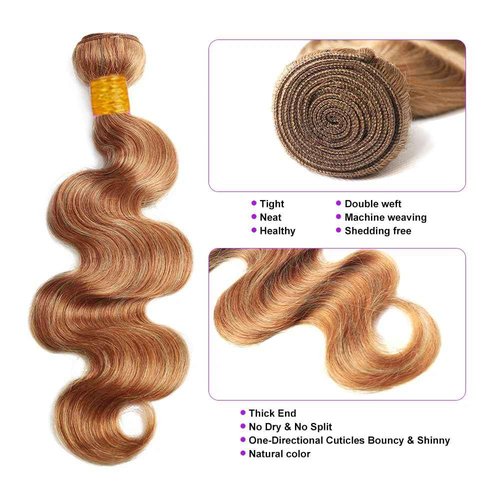 Light Brown Bundles Human Hair Color #27 Body Wave Bundle Brazilian Virgin Hair 3 Bundles 22 24 26 Inch Double Weft Hair Weave 300g