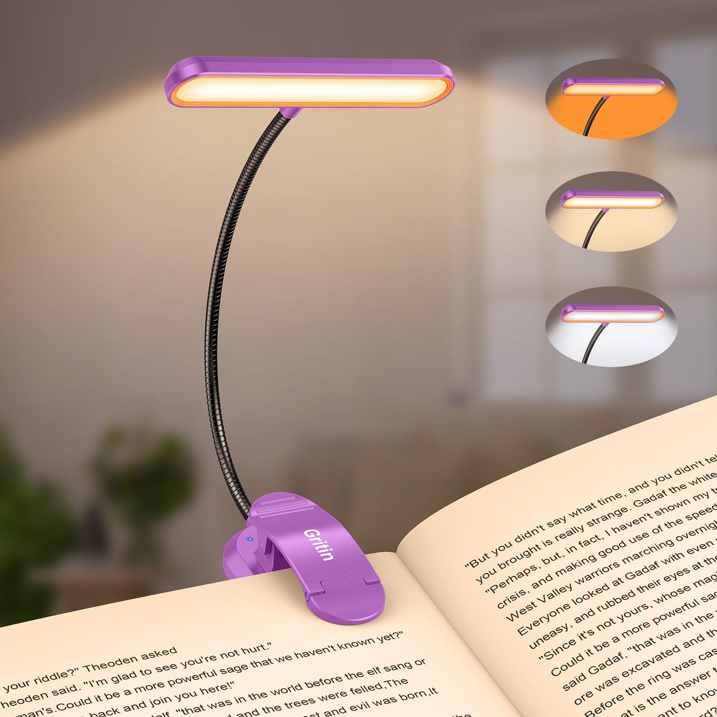 Gritin Rechargeable Book Light for Reading in Bed with 19 LED &Memory Function-Eye Caring 3 Color Temperatures,5 Brightness Levels,80 Hrs Runtime Flexible Goose Neck Clip on Light-Dark Purple