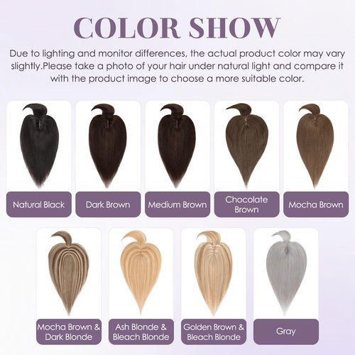 Charites Hair Toppers for Women Real Human Hair 12 Inch Long Straight Toppers for Women with Thinning 7 * 13CM Silk Base Clip in Hairpieces with Bangs (Dark Brown)