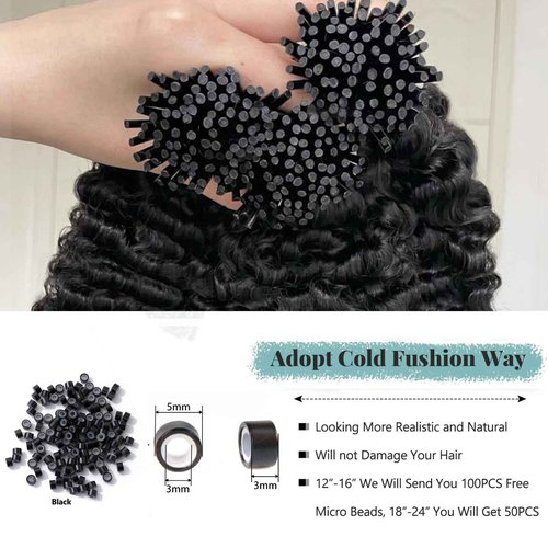 I Tip Hair Extensions Real Human Hair, 28inch 50g 50S Deep Wave Cold Fusion I Tip Hair Extensions, Invisible Remy Pre Bonded Human Hair I Tips, #1B Natural Black