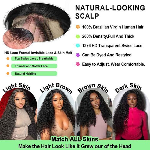 QNCKS 13x6 Deep Wave Lace Front Wigs Human Hair HD Lace Frontal Wigs Human Hair Pre Plucked 200% Density Deep Curly Wig for Women Natural Black 20 Inch