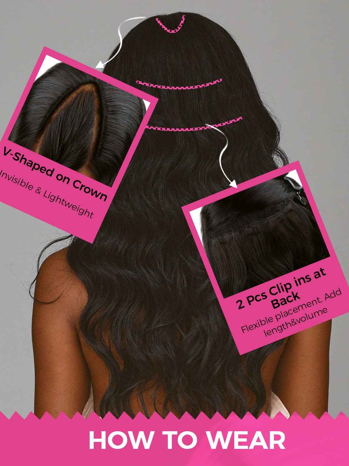 Lashey V Shape Invisible Clip in & Lace Clip in Hair Extensions Human Hair, 18 Inch 120g Set (1 V-Shaped + 2pcs Lace Clip ins), Natural Black Body Wave No Leave Out Hair Extension for Women