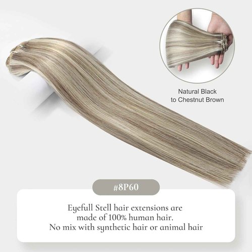 EYEFULL STELL Clip in Hair Extensions Real Human Hair 16 inch 120g 7PCS Natural Straight Remy Ash Brown Highlights Platinum Blonde Clip on for Women Invisible Double Weft Layered Thick Clip ins Hair
