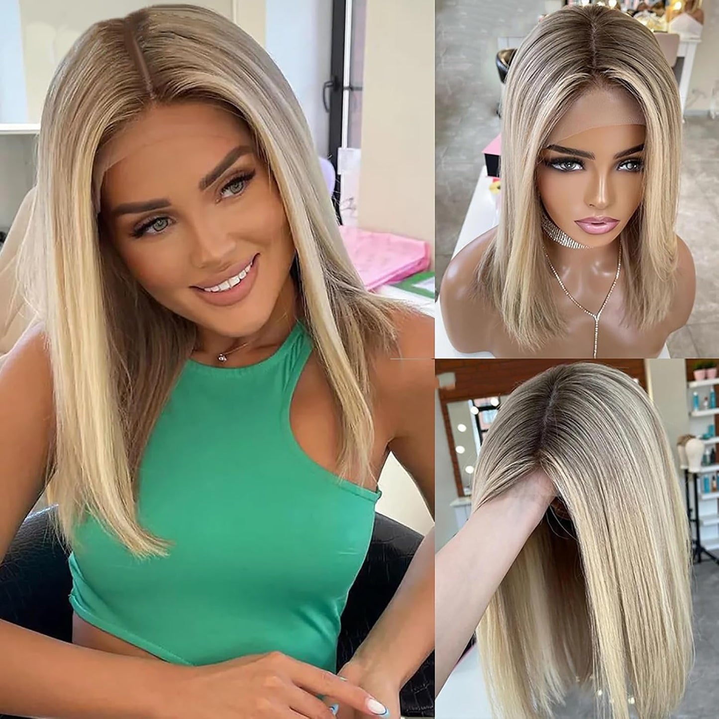 MYMYDA Short Highlight Lace Front Bob Wigs for Black Women Human Hair Pre Plucked 4x4 Lace Closure Wig Ombre 613 Blonde Mixed Light Brown Dark Roots Colored Wig 16 Inch