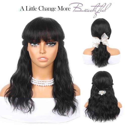 Lady Hanne Human Hair Wigs Natural Wave Human Hair Wig with Bangs for Black Women 16 inches None Lace Front Wear and Go Glueless Human Hair Wig