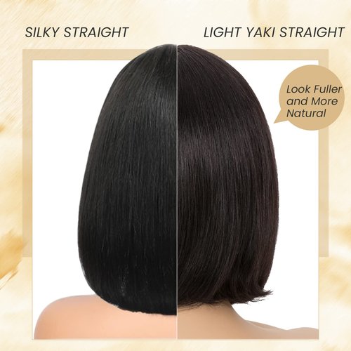 TESSHAIR 10 Inch Light YAKI Short Bob Wig Human Hair with Bangs, Black Blunt Cut Bob Wig Straight Glueless Headband Wigs for Women, Realistic Large Lace Scalp 180% Density 100% Human Hair