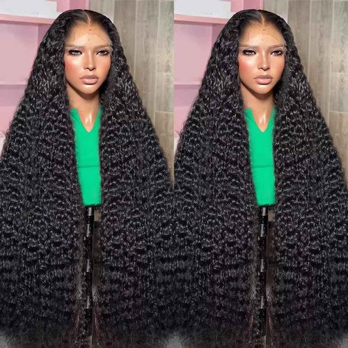 KFgood 13x6 Deep Wave Lace Front Wigs - Human Hair Glueless Wigs - 200% Density HD Lace Front Wigs - Pre Plucked with Baby Hair - Wet and Wavy - Natural Black (20 Inch)