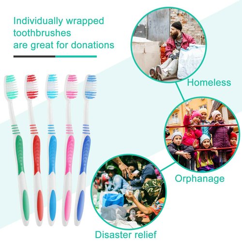 Tioncy 500 Pack Bulk Toothbrushes Individually Wrapped Pack with Covers Colorful Tooth Brushes Medium Disposable Soft Bristles Adult Manual Toothbrush for Travel Hotel Packages Relief Donations