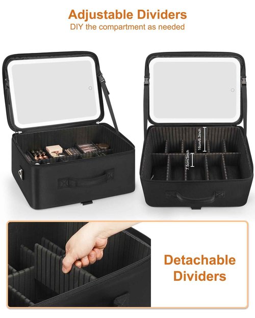 Relavel Extra Large Makeup Bag with LED Mirror, Cosmetic Train Case for Makeup Artists with 4 Removable Pouches and Adjustable Dividers, Hair Supplies Organizer, Travel Portable Mirror with Lights