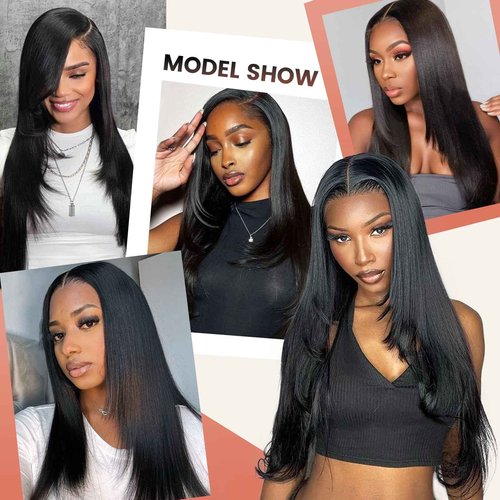 Synthetic Lace Front Wig 13x6 HD Glueless Lace Frontal Wig Pre Plucked Hairline with Baby Hair Long Yaki Straight Layered Lace Wigs for Black Women Daily Use (Natural Black, 24 Inch)