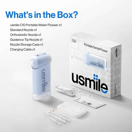 usmile C10 Portable Water Flosser – Travel-Friendly, 95-Day Battery, 4 Modes, 360° Nozzle, 180ml Tank, IPX7 Waterproof, Dentist-Recommended for Braces, Implants & Sensitive Gums (Blue)