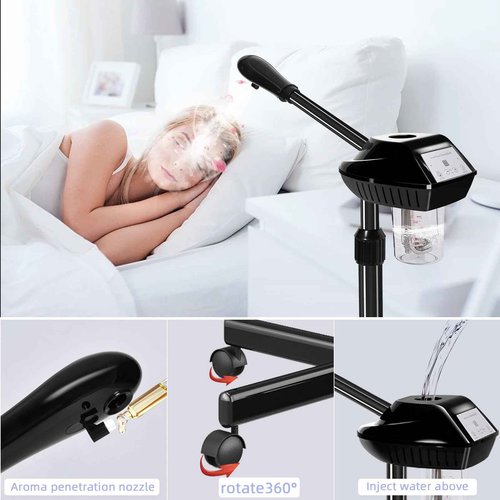 Professional Facial Steamer with More Steam for Deep Cleansing and Hydration, Face Steamer on Wheels with Time Setting, Estheticians Steamer Adjustable Height for Beauty, Spa and Home Use（Black）