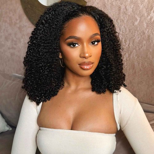 OQ Hair Afro Curly Half Wig Human Hair 180% Density 3 In 1 Beginner Friendly Glueless Wear and Go Kinky Curly Half Human Hair Wig for Women 18 Inch