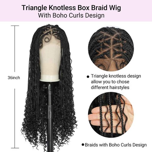 SUPERNOVA 36 Inch Boho Braided Wigs Full Lace Triangle Knotless Braided Wigs For Black Women Synthetic Full Double Lace Front Box Braid Wig With Baby Hair Goddess Locs Braids Wig With Curly Ends