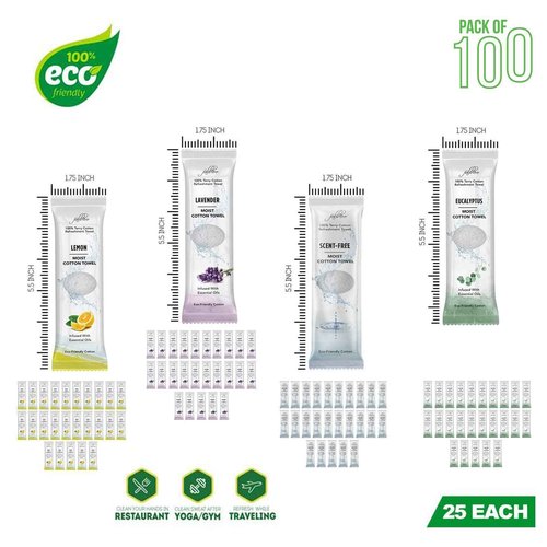 FabbPro Oshibori Moist Terry Cotton Refreshment Towels (100 Pack,8x8 Inches)-White Scented Pre-moistened Essential Oil Infused Towel to Use Hot or Cold – Unscented, Lavender, Lemon & Eucalyptus Scents