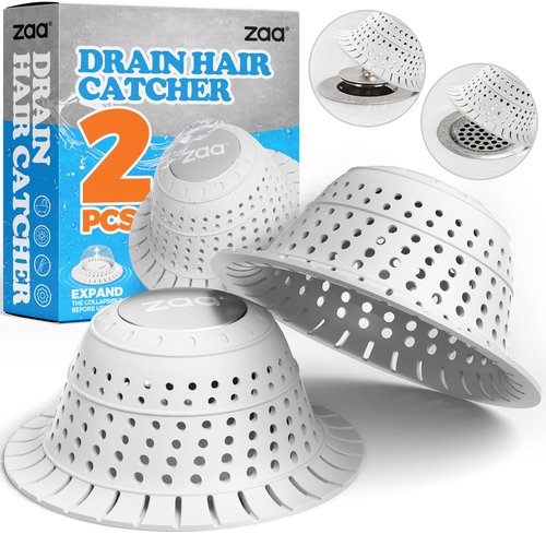 zaa Bathtub Drain Hair Catcher, Silicone Collapsible 2 Pack Drain Protector for Pop-Up and Regular Drains of Shower, Bathtub, Tub, Bathroom, Sink, White