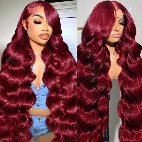 99J Burgundy Wig Human Hair 13x6 Body Wave Lace Front Wigs Human Hair 180% Density 99j Burgundy Lace Front Wigs Red Wine Glueless Wigs Pre Plucked for Women 18 Inch