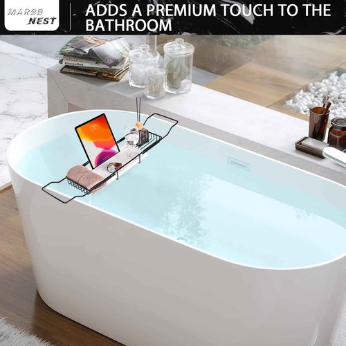 MARBBNEST Bathtub Tray Caddy for Luxury Bath Expandable Extra Wide Bath Tub Tray with Natural Marble Tray and Mobile/Tablet Stand, Ideal for Home Spa Lovers (Black + White)