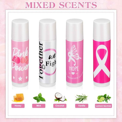 Fumete 100 Sets Breast Cancer Awareness Accessories Gifts Lip Balm Bulks Pink Ribbon Breast Cancer Awareness Items Decorations Natural Ingredients Survivor Gifts Items for Girl Women