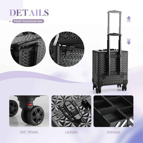 Leeora&Leekoo High-Capacity Multilayer Portable Nail Case for Nail Tech Organizer with Wheels - Lockable Makeup Case Organizer, Cosmetic Case, Makeup Train Case (Black-8045)