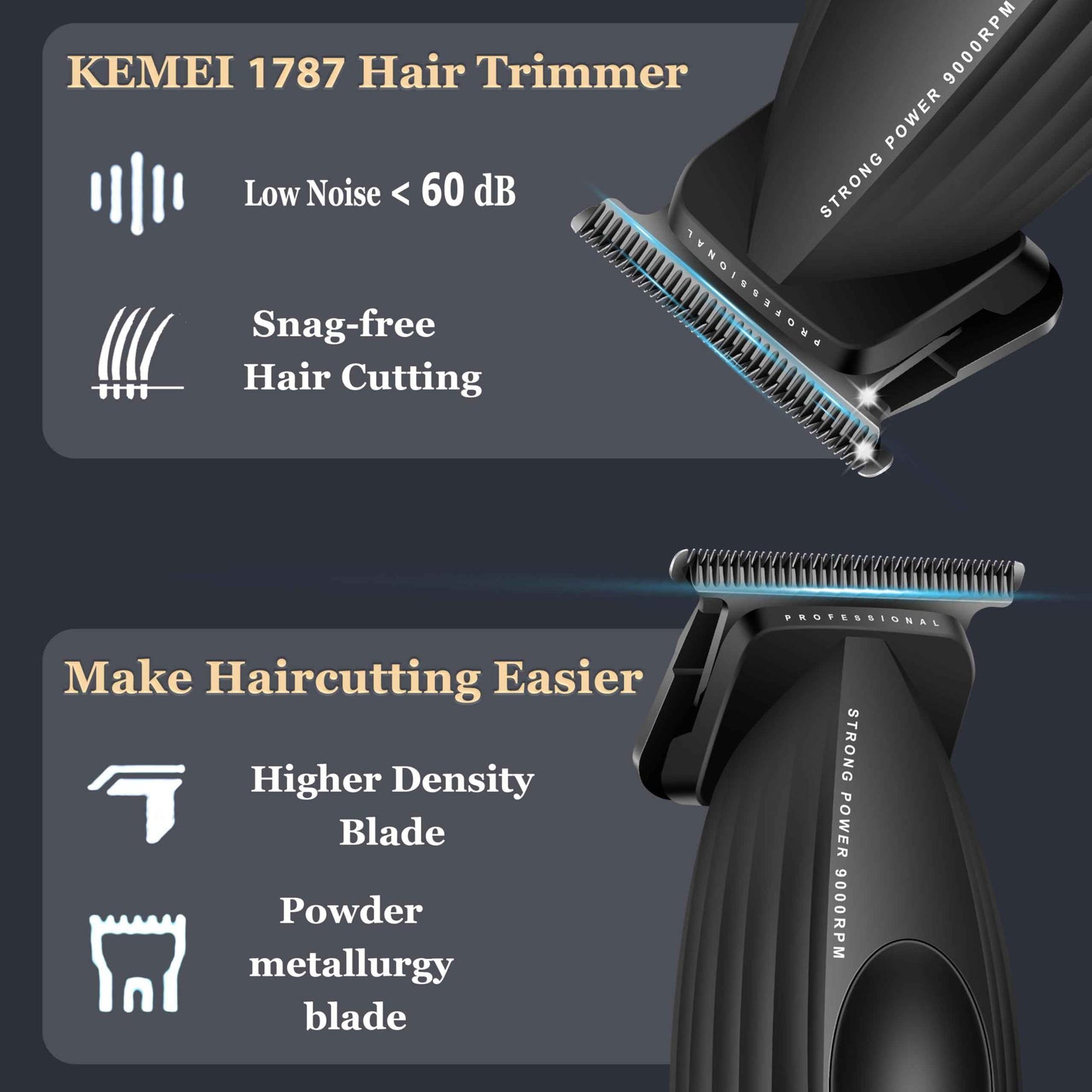 KEMEI 1787 Beard Trimmer for Men, Cordless Hair Trimmer with LED Display, 9000 RPM Hair Clippers for Barber with 2000 mAh Battery, DLC Coated T-Blade