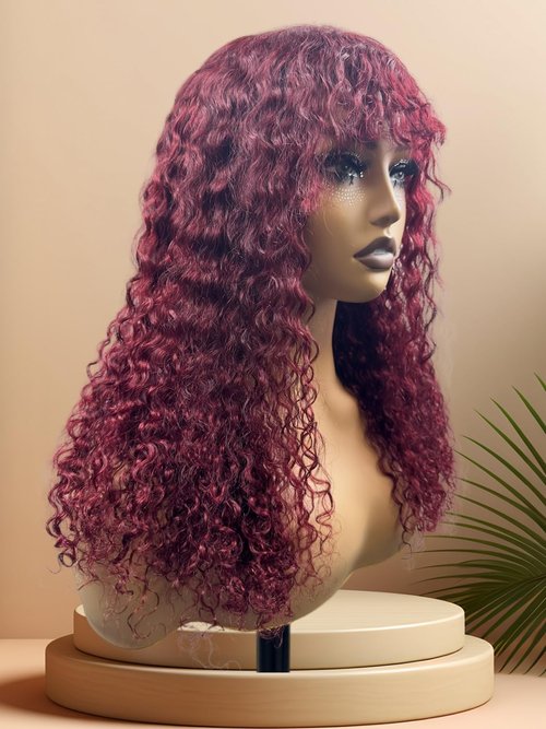 Doiwile Burgundy Curly Wig with Bangs Human Hair 4x4 HD Lace Glueless Wig Human Hair Curly Wave Human Hair Wigs with Bangs for Black Women (Burgundy, 20inch)