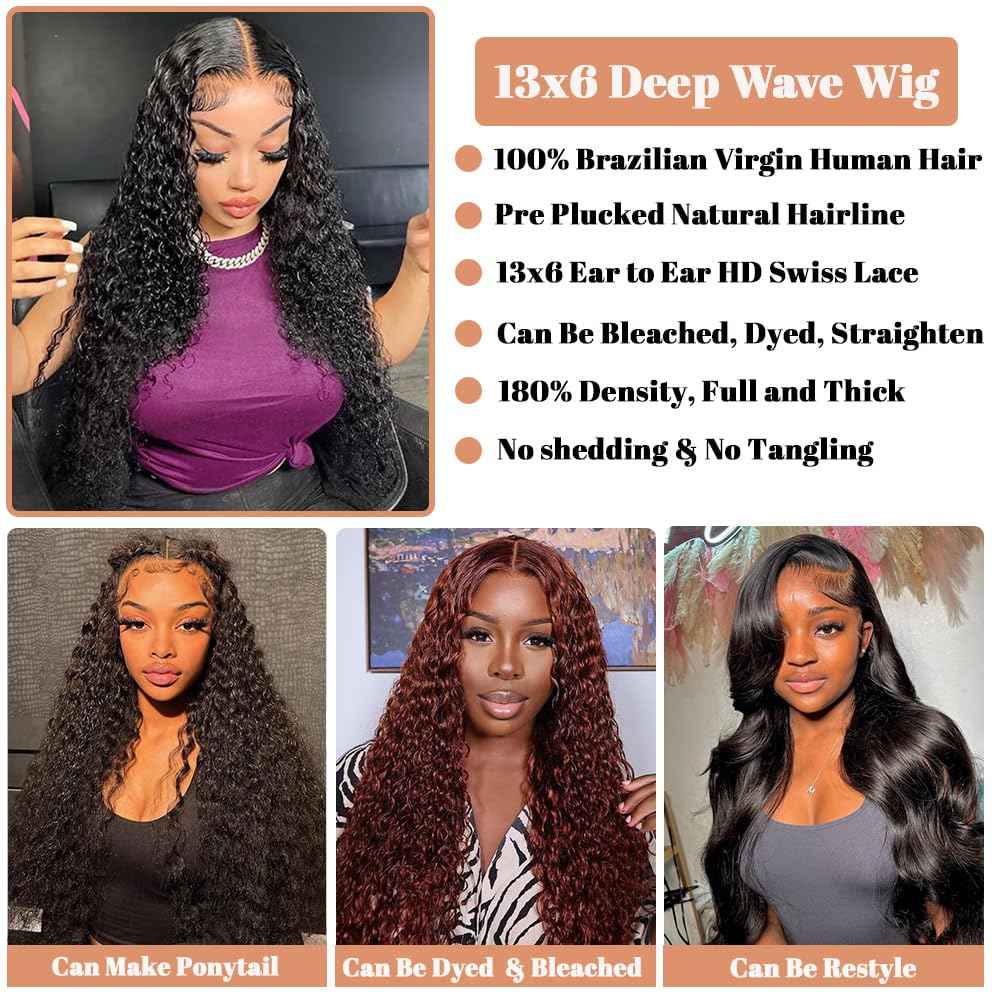 30 Inch 13x6 Deep Wave Lace Front Wigs Human Hair 180% Density Curly Lace Frontal Wig for Black Women Glueless Wigs Human Hair Wet and Wavy Wigs Pre Plucked with Baby Hair