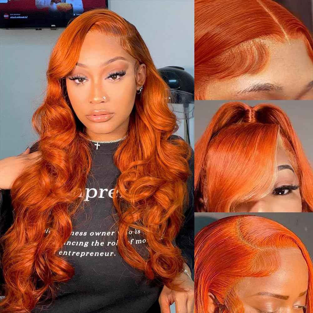 Ginger Lace Front Wigs - Human Hair, 13x6 HD Body Wave, Pre-Plucked with Baby Hair, 180 Density, Glueless, Ginger Orange, 20"