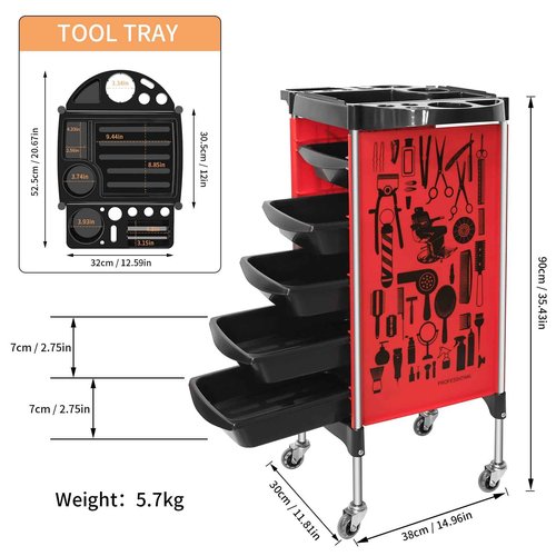 RED by Salon Trolley Cart, Multifunction 5 Drawer Hair Stylist Salon Station Rolling Cart Professional Hairdresser Hair Dye Storage Beauty Barber Moveable Station