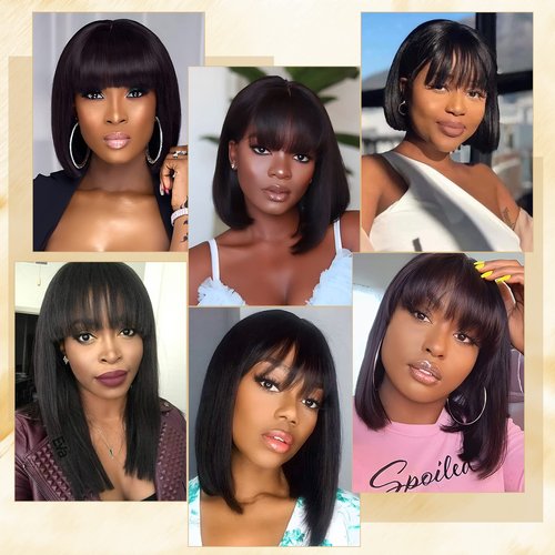 TESSHAIR 10 Inch Light YAKI Short Bob Wig Human Hair with Bangs, Black Blunt Cut Bob Wig Straight Glueless Headband Wigs for Women, Realistic Large Lace Scalp 180% Density 100% Human Hair