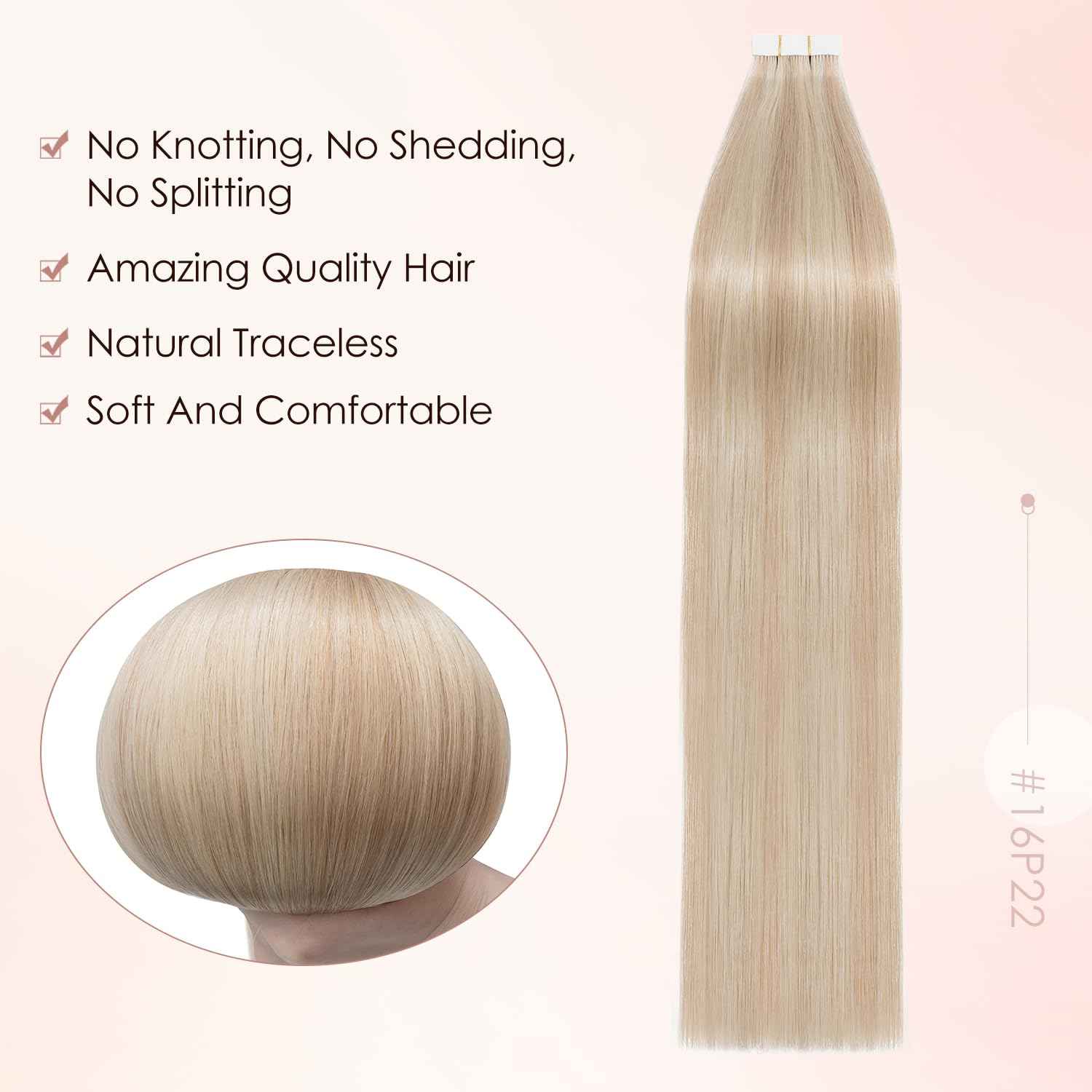 Human Hair Tape in Extensions-Double Stitched,SLEEKALON Free-cut Mini Tape ins Real Hair Extension Highlights Plae Blonde mix Brown Seamless Straight Double Side Tape Hair-20 Inch,20pcs 50g,#16P22