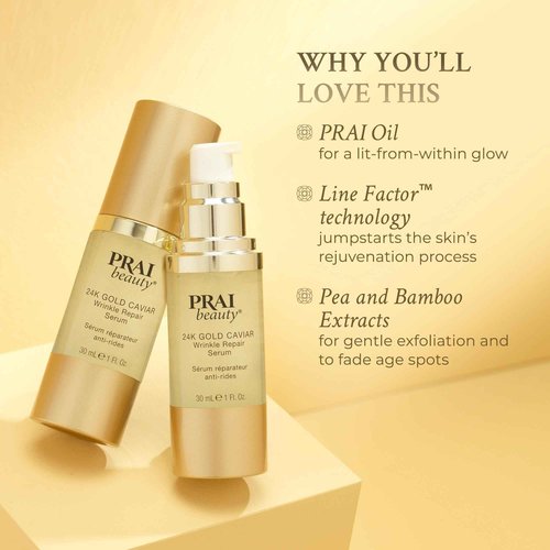 PRAI Beauty 24K Gold Caviar Wrinkle Repair Serum for Face | Anti-Aging Serum with Hyaluronic Acid to Plump and Fill In Wrinkles | Anti-Wrinkle Serum with Vitamin C for Brighter, Firmer Skin | 1.7 Oz