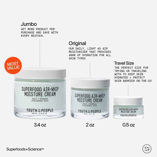 Youth To The People Superfood Air-Whip Moisture Cream Jumbo - Kale + Green Tea Hyaluronic Acid Face Moisturizer, Smooths + Hydrates Up to 48HR with Dewy Glow, Non-Greasy Lightweight Gel - 3.4 fl oz