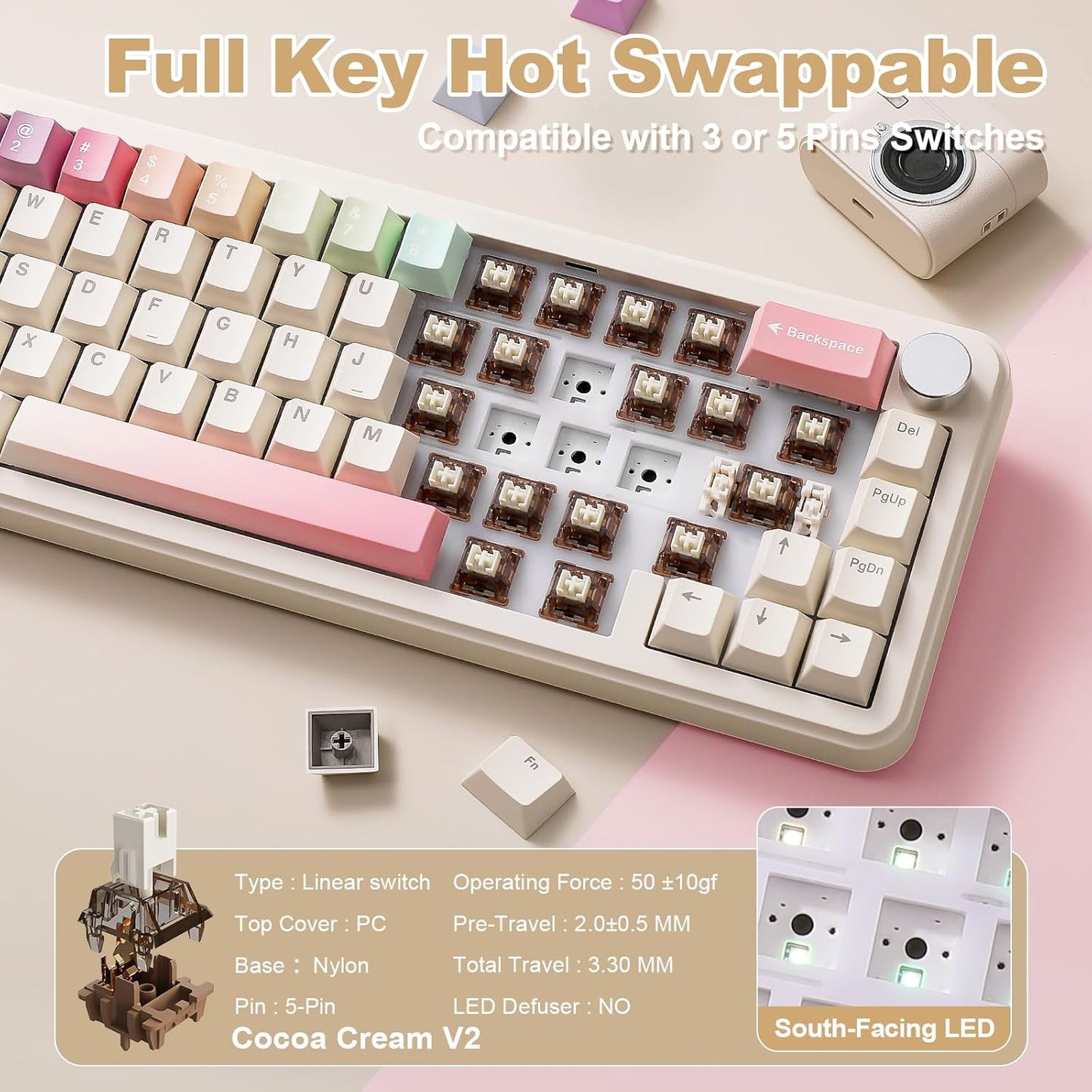 YUNZII B68 Wireless Mechanical Keyboard,Tri-Mode BT5.0/2.4GHz/USB-C,Cute PBT Keycaps,Hot Swappable Creamy Typing Gasket Mounted,RGB Backlit NKRO for Win/Mac (Beige, Milk V2 Switch)