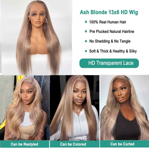 Munx Ash Blonde Wig Human Hair, 13X6 HD Transparent Glueless Wigs Lace Frontal for Black Women Pre Plucked Silky Straight Lace Front Wig Human Hair 180% Density 20Inch