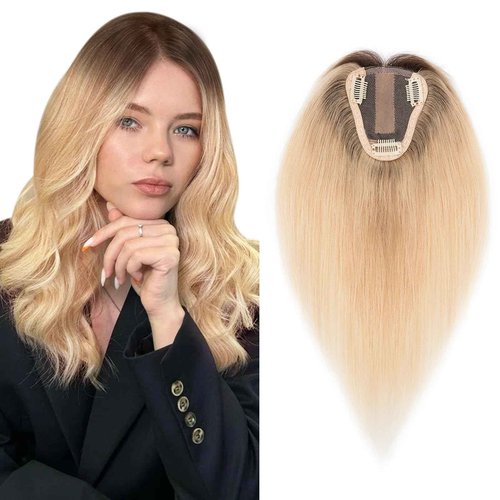Hairro Human Hair Toppers Real Hair, Clips in 100% Human Hair Hairpieces for Women, 3.15"x3.94" Silk Base for Thinning Hair/Hair Loss/Covering Greyish Hair on Top, 12 Inch Bleach Blond with Black Root