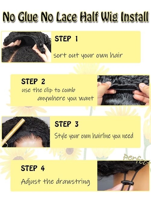 Fayniss Kinky Curly Half Wig Human Hair 3 In 1 Seamless Flip Over Half Wigs Human Hair Glueless Wear and Go 220 Density Beginner Friendly Drawstring Headband Wig for Women (KC Half Wig, 16 Inch)