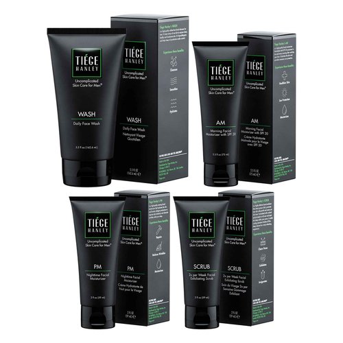 Tiege Hanley 90 Day Large Skin Care Set for Men, Essential Routine, System Level 1, Daily Face Wash, Facial Scrub, Moisturizer With SPF, and Night Cream for Healthy Skin, Men’s Skin Care, 4 Piece Kit