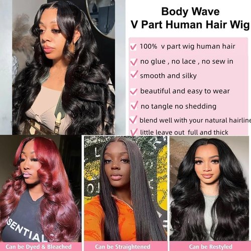 V Part Wig Human Hair Body Wave Upgrade U Part Human Hair Wig Beginner Friendly Clip In V Shape Wigs for Women Natural Black Color 18 Inch