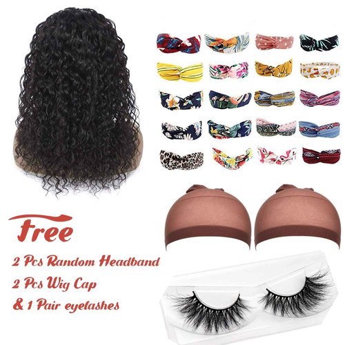 Claudianie Water Wave Headband Wig Human Hair for Black Women - 20 Inch Brazilian Virgin Hair Glueless None Lace Front Wig - Natural Black 150% Density