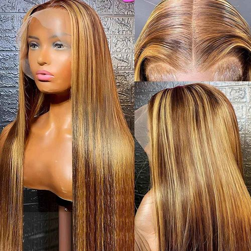 Kineko Highlight Lace Front Wig Human Hair Ombre 13x4 Straight Human Hair Highlight Honey Blonde HD Human Hair 24 Inch Full Frontal Glueless Wigs Human Hair Pre Plucked P427