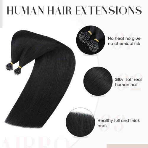 Hairro Nano Beaded Human Hair Extensions Pre Bonded Cold Fushion Nano Bead Nano Ring Keratin Tip Remy Hair Extensions For Women 24inch 50g/PACK 50 Strands #01 Natural Black