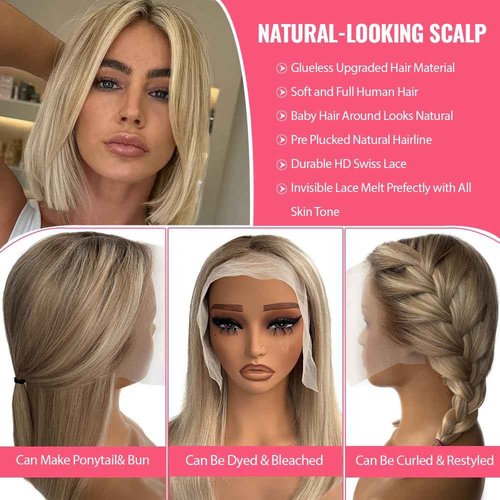 Smartinnov Balayage Blonde Bob Wig Human Hair 13x6 HD Transparent Lace Wigs 10 Inch Platimun Blonde Highlight Virgin Hair Middle Part 180% Density Pre Plucked Short Bob Wigs for Women Tiny Knots