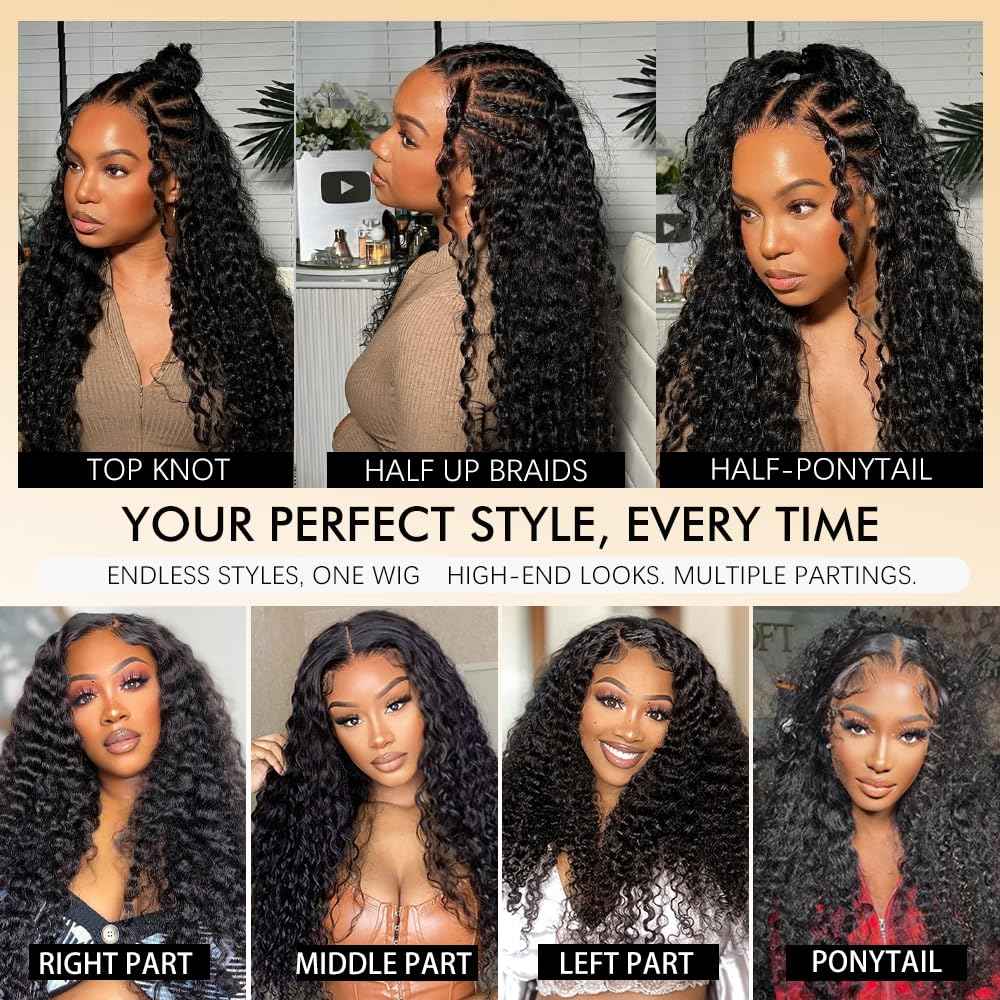 Goulus 7x6 Deep Wave Glueless Wigs Human Hair Pre Plucked Pre Cut 250% Density Drawstring Wig Human Hair Wear and Go Glueless Wigs for Black Women Natural Color #1B 16 Inch