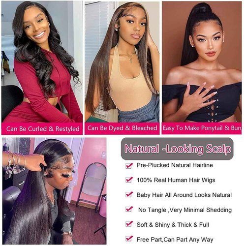 LHHUR 13x4 Lace Front Wigs Human Hair Pre Plucked with Baby Hair 220% Density 24inch HD Transparent Straight Lace Front Wigs Human Pre Plucked For Black Women Frontal Wigs Human Hair
