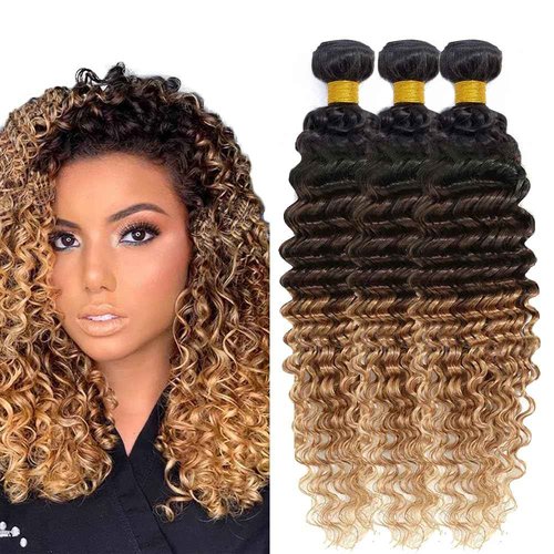 Freiuoke Black and Blonde Human Hair Extensions 4/27 Deep Wave Bundle 8A Brazilian Virgin Hair 3 Bundles 18 20 22 Inch Honey Blonde Deep Wave Bundles
