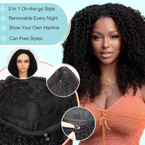 Kinky Curly Half Wig Human Hair Drawstring Seamless Flip Over Half Curly Wig Human Hair Invisible Hairline Glueless Wear and Go Wigs For Black Women Beginner Friendly 18Inch 200% Density