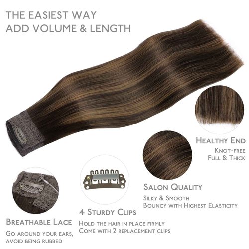 WENNALIFE Wire Hair Extensions (Increase 50% Lifespan) Real Human Hair 16 inch 125g Balayage Dark Brown to Chestnut Brown Remy Hair Invisible Transparent Wire Fish Line Straight Reusable Natural
